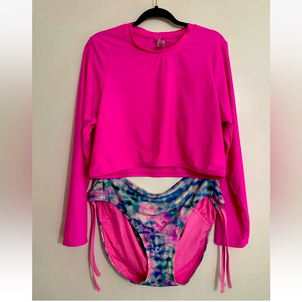 DECREE Women's Bathing Suit Bathing Outfit- Hot Pink Shirt & Tie Dye Bottoms